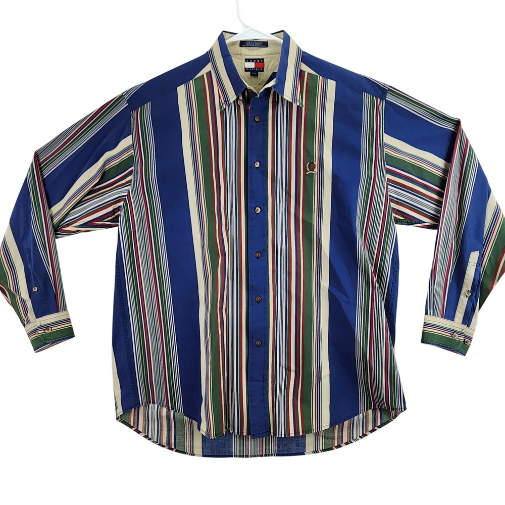 Vintage 90s Tommy Hilfiger Striped Button Down‎ Shirt Mens Large Blue Green Red